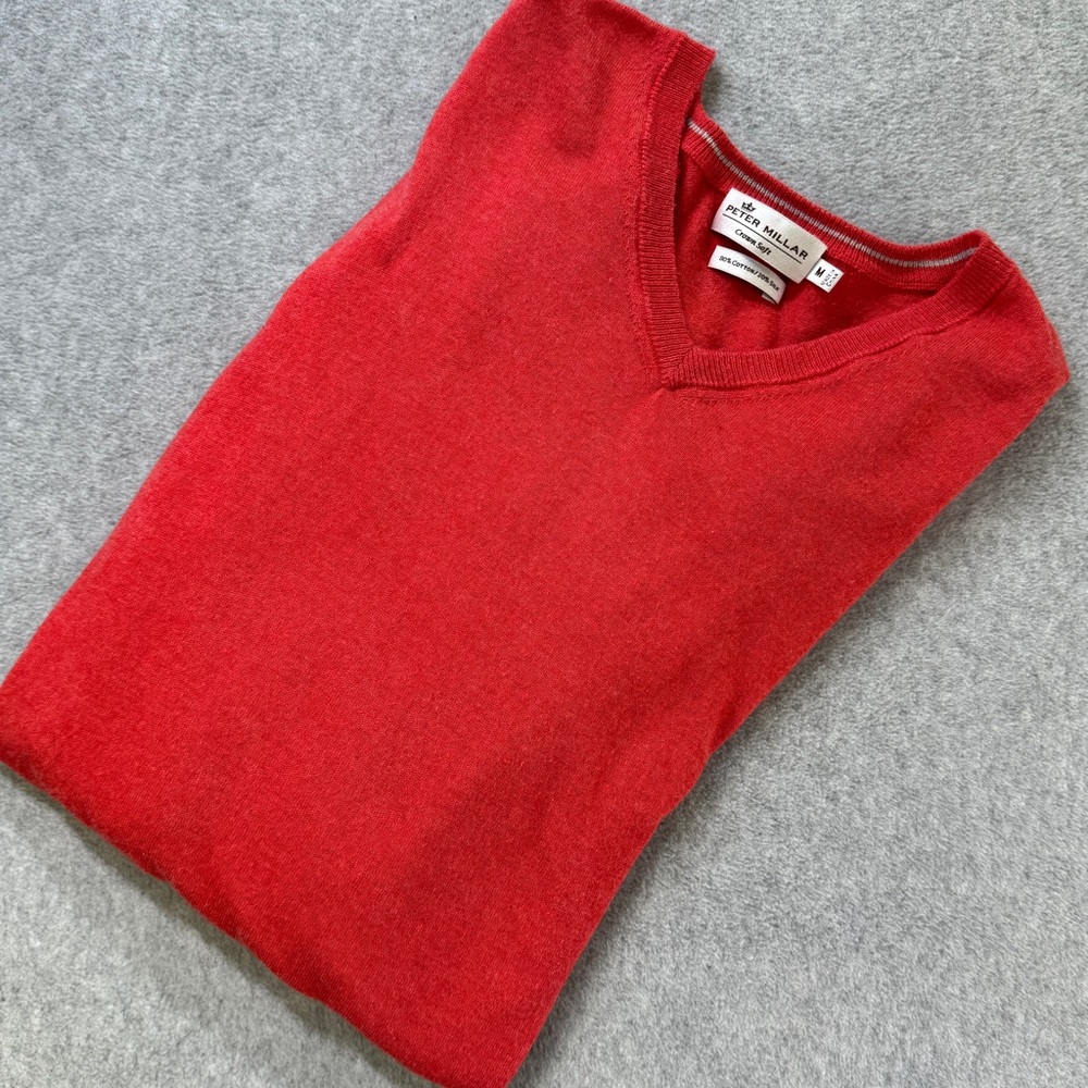 Peter Millar Men's Crown Soft Red V-Neck Sweater Cotton Silk Blend M